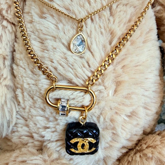 Upcycled Chanel Black Pendant with Gold Logo - Picture 3 of 15